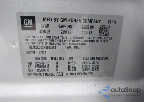 2019 Chevrolet Trax Lt z USA, uszkodzony, nr VIN KL7CJLSB2KB915804